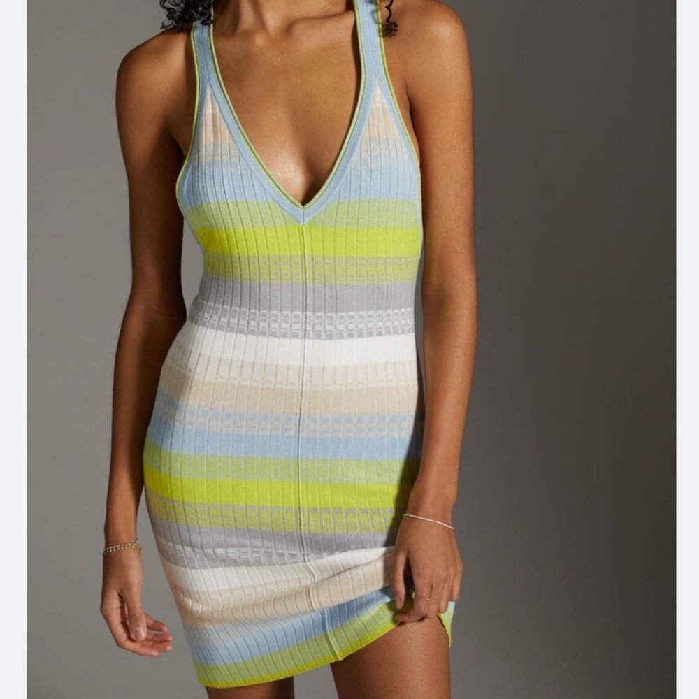 Anthropologie Daily Practice Striped Backless Knit Dress in Blue and Green